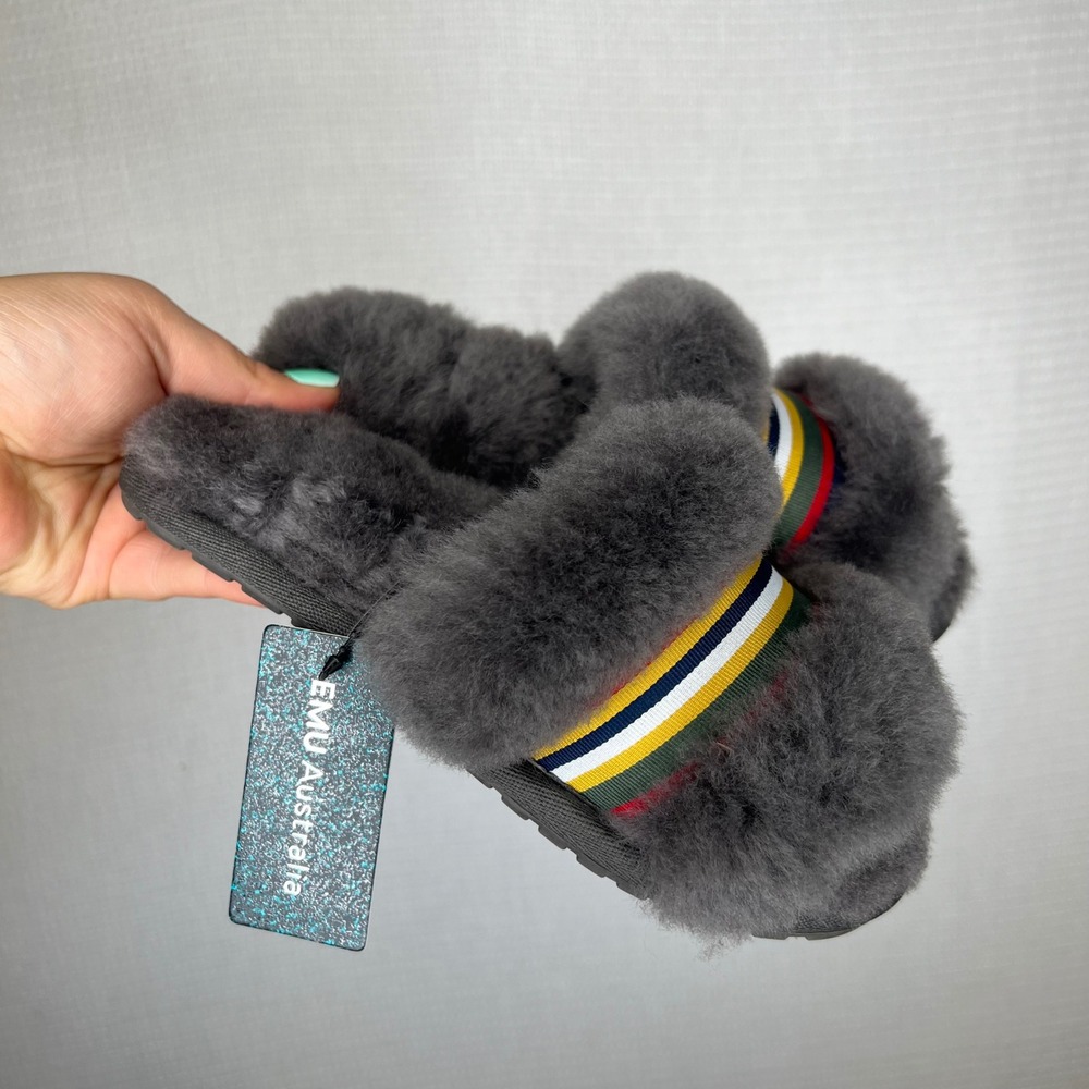 EMU Australia Mayberry‎ Rainbow Charcoal Grey Sheepskin Slide Slippers W5 M4 NEW